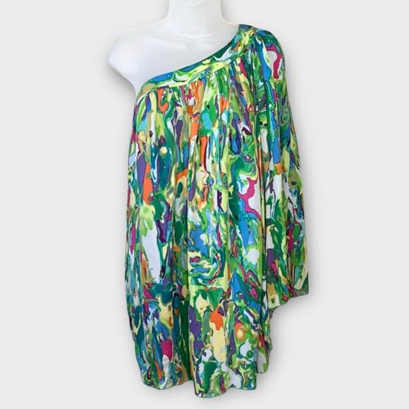 SINGLE DRESS One-Shoulder 100% Silk Mini in Vibrant Abstract Print Size Small - Picture 2 of 6